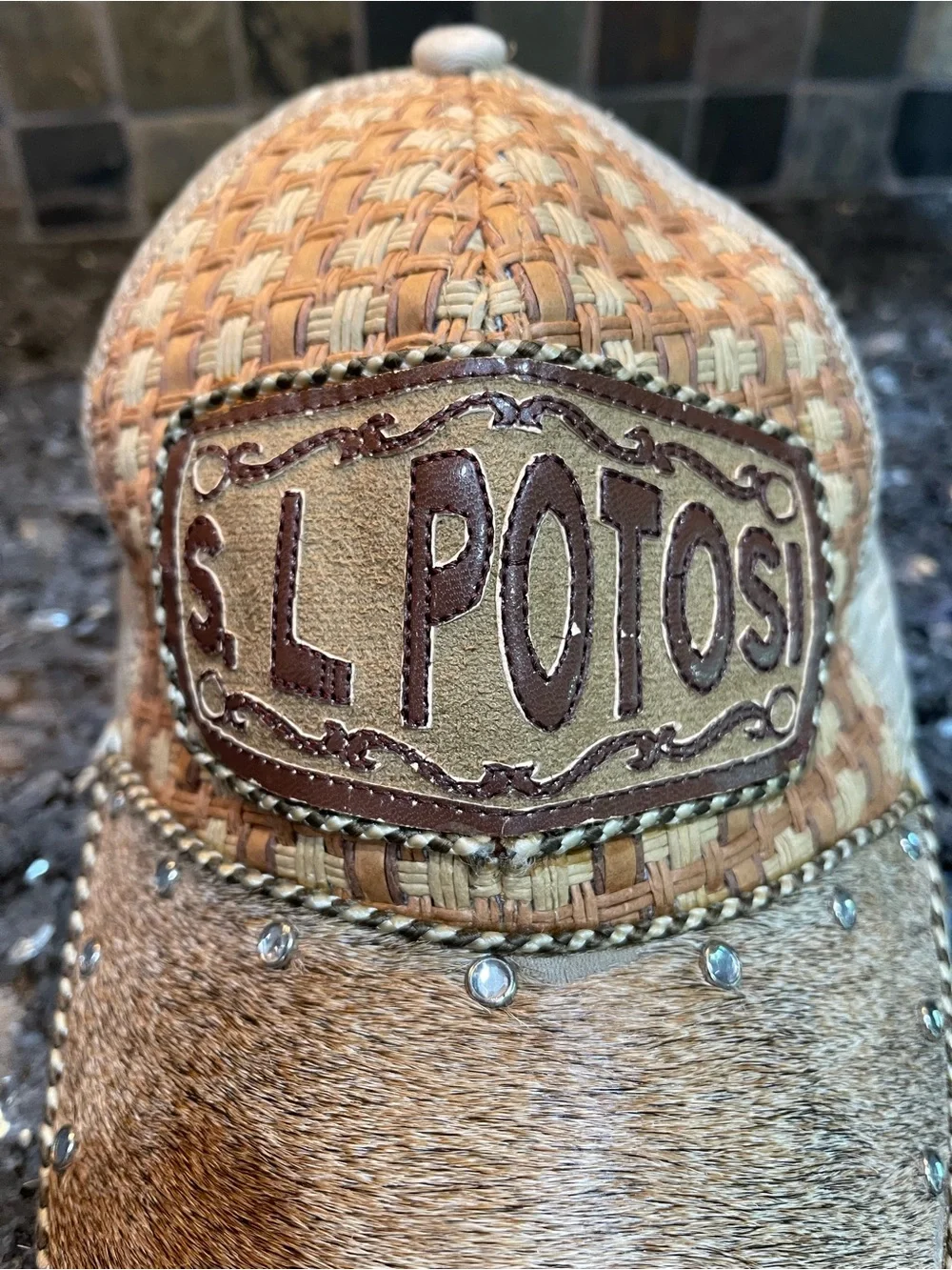 SL Potosi Women's Tan Cowhide Woven Trucker Cap with Stud Detail SnapBack